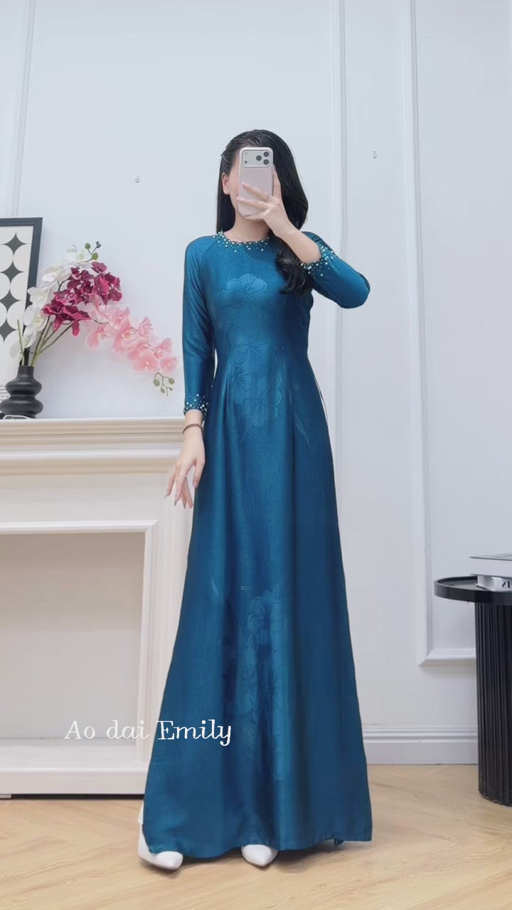 Load video: Mallard  Blue Traditional ao dai with beading design | Blanket flowers