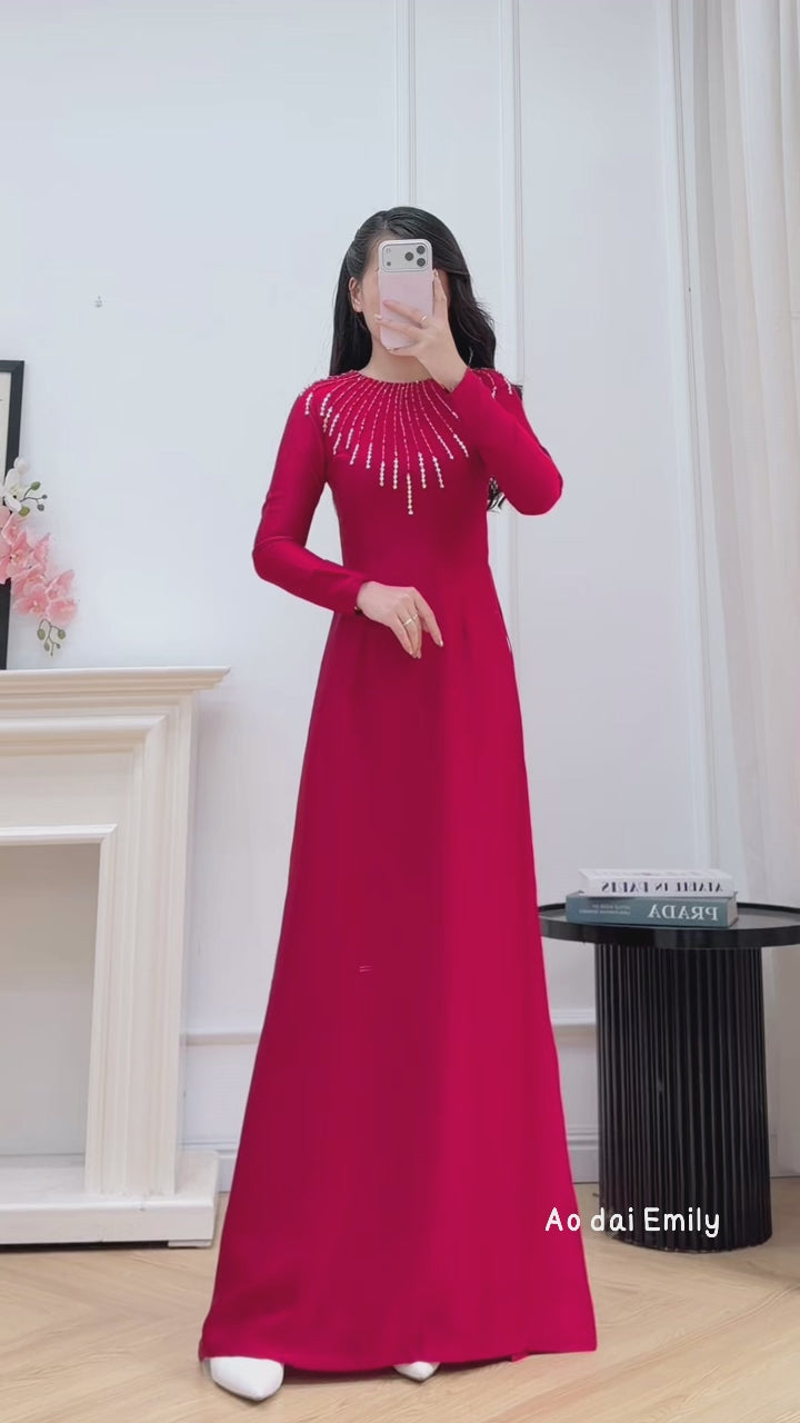 Load video: Red tradition  Ao dai with designed crystals collar| Red spider lily