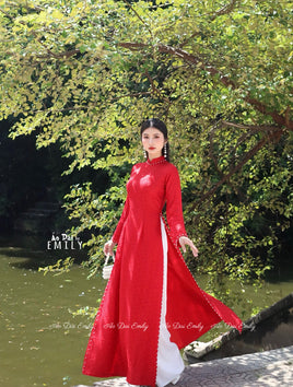SKYLER Red Double layers Mulberry silk ao dai