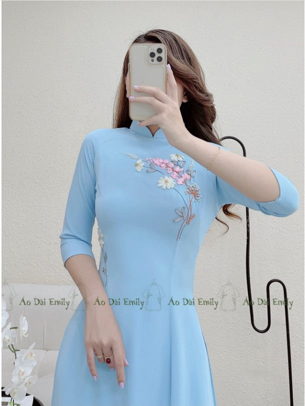 AVA Blue ribbon embroidery Pre made ao dai
